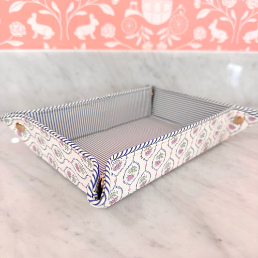 Large Vegan Leather Floral Snap Tray - Blue