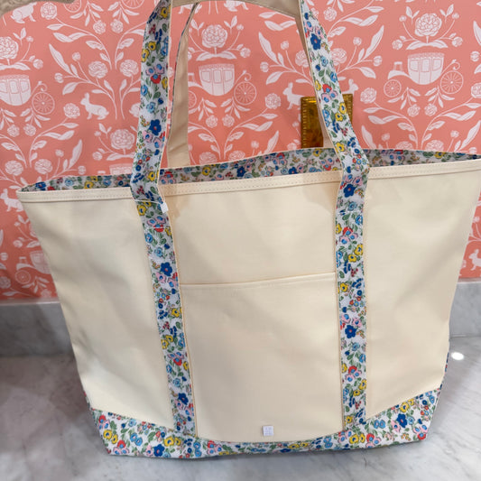 Jumbo Tote in Coated Canvas with Blue Floral Trim