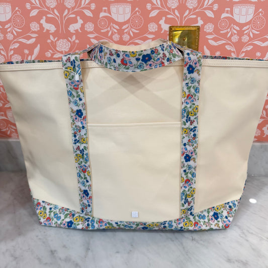 Jumbo Tote in Coated Canvas with Blue Floral Trim