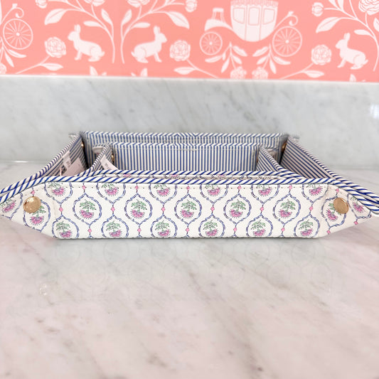 Large Vegan Leather Floral Snap Tray - Blue